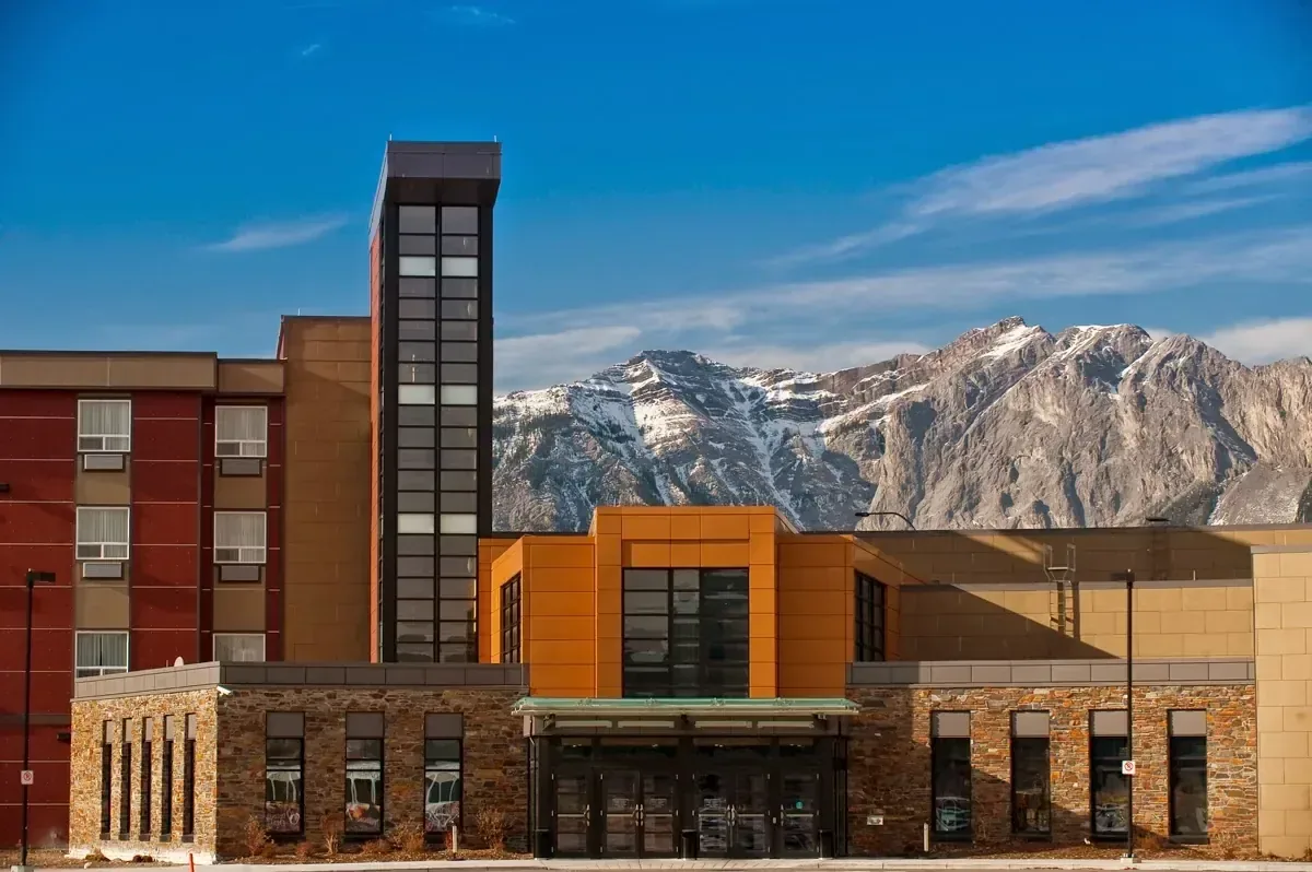 Resort façade against open landscape